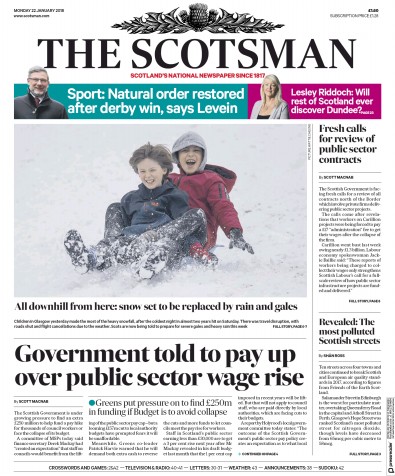 The Scotsman Newspaper Front Page for 22 January 2018