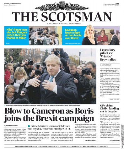 The Scotsman Newspaper Front Page for 22 February 2016