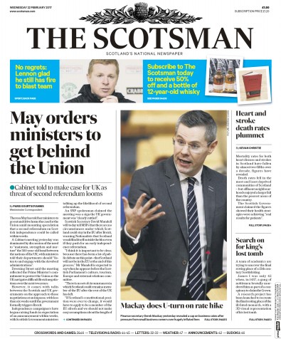 The Scotsman Newspaper Front Page for 22 February 2017