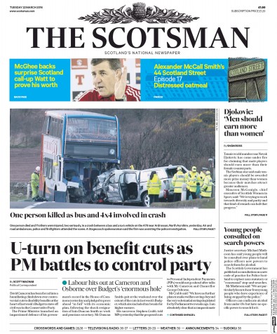 The Scotsman Newspaper Front Page for 22 March 2016
