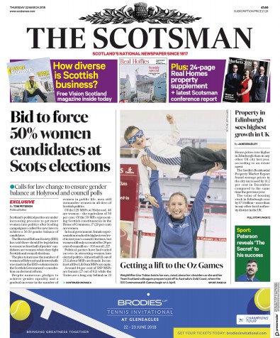 The Scotsman (UK) Newspaper Front Page for 22 March 2018