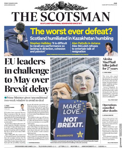 The Scotsman Newspaper Front Page for 22 March 2019