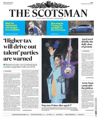 The Scotsman Newspaper Front Page for 22 April 2016