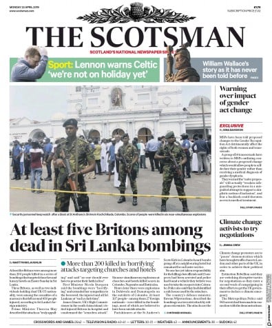 The Scotsman Newspaper Front Page for 22 April 2019