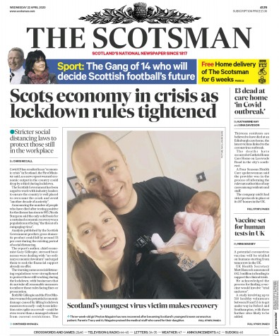 The Scotsman Newspaper Front Page for 22 April 2020