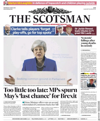 The Scotsman (UK) Newspaper Front Page for 22 May 2019