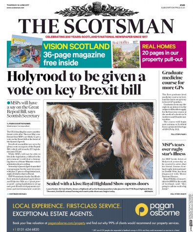 The Scotsman Newspaper Front Page for 22 June 2017