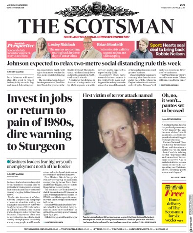 The Scotsman (UK) Newspaper Front Page for 22 June 2020
