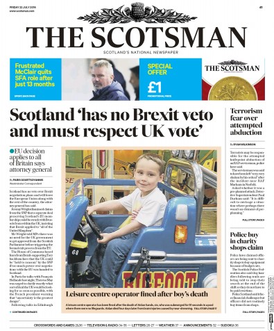 The Scotsman Newspaper Front Page for 22 July 2016