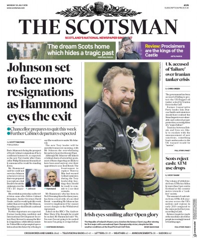 The Scotsman Newspaper Front Page for 22 July 2019