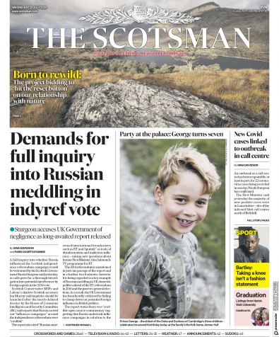 The Scotsman Newspaper Front Page for 22 July 2020