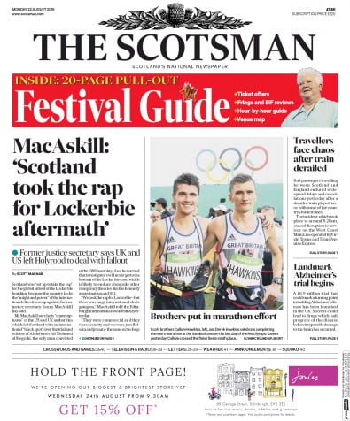 The Scotsman Newspaper Front Page for 22 August 2016