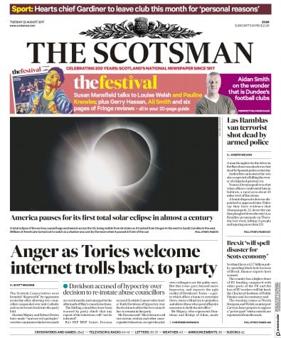 The Scotsman Newspaper Front Page for 22 August 2017
