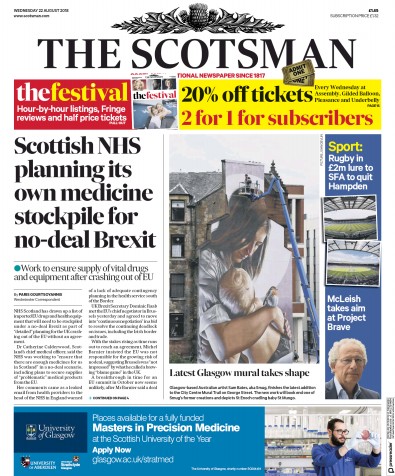 The Scotsman Newspaper Front Page for 22 August 2018