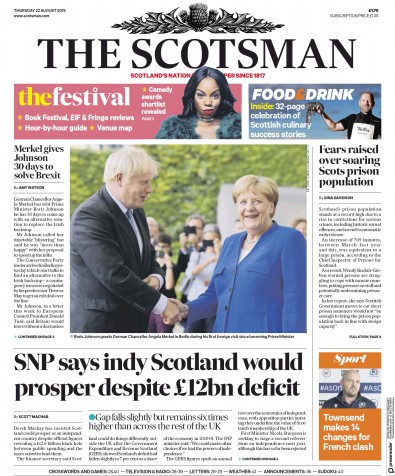 The Scotsman Newspaper Front Page for 22 August 2019