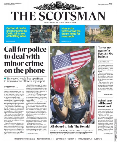 The Scotsman Newspaper Front Page for 22 September 2016