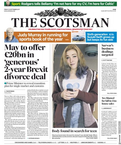 The Scotsman Newspaper Front Page for 22 September 2017