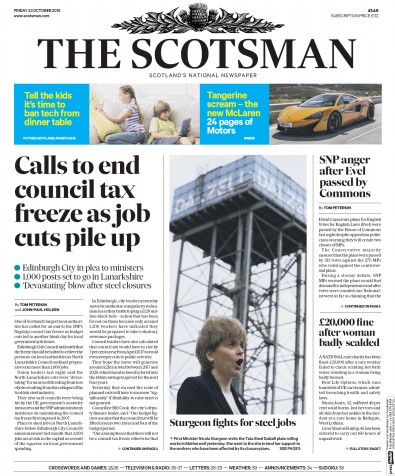 The Scotsman Newspaper Front Page for 23 October 2015