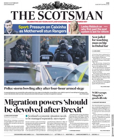 The Scotsman Newspaper Front Page for 23 October 2017