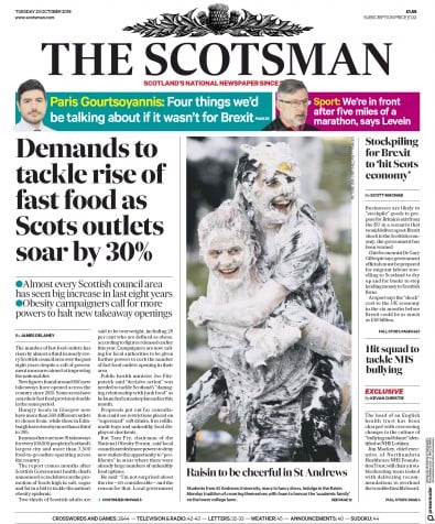 The Scotsman (UK) Newspaper Front Page for 23 October 2018