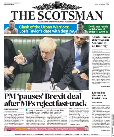 The Scotsman Newspaper Front Page for 23 October 2019