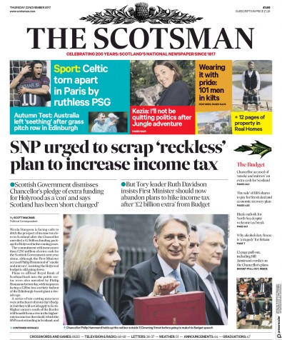 The Scotsman Newspaper Front Page for 23 November 2017
