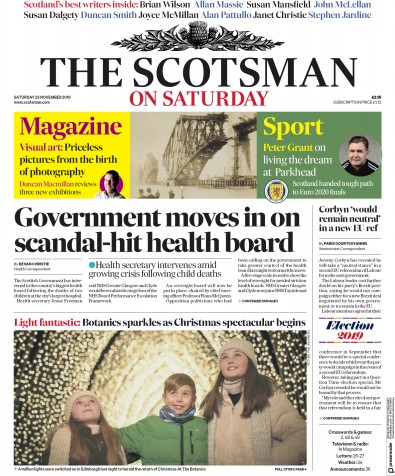 The Scotsman Newspaper Front Page for 23 November 2019