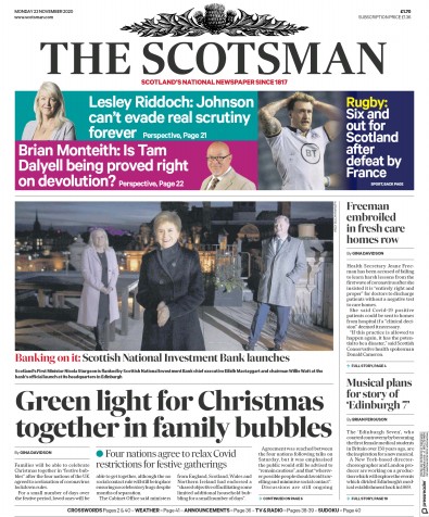 The Scotsman Newspaper Front Page for 23 November 2020