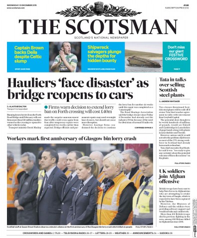 The Scotsman Newspaper Front Page for 23 December 2015