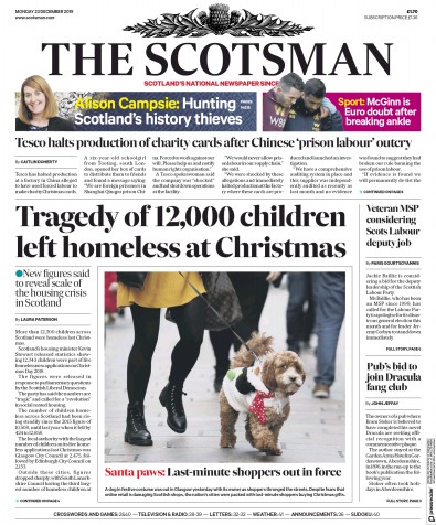 The Scotsman Newspaper Front Page for 23 December 2019