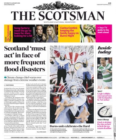 The Scotsman Newspaper Front Page for 23 January 2016