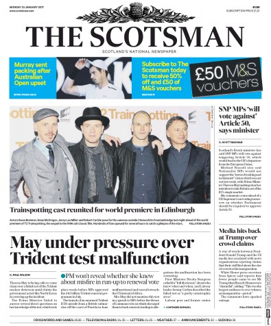 The Scotsman Newspaper Front Page for 23 January 2017