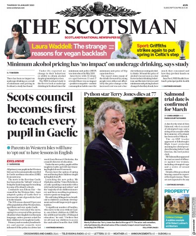 The Scotsman (UK) Newspaper Front Page for 23 January 2020