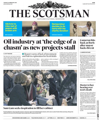 The Scotsman Newspaper Front Page for 23 February 2016