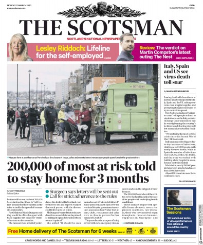 The Scotsman Newspaper Front Page for 23 March 2020