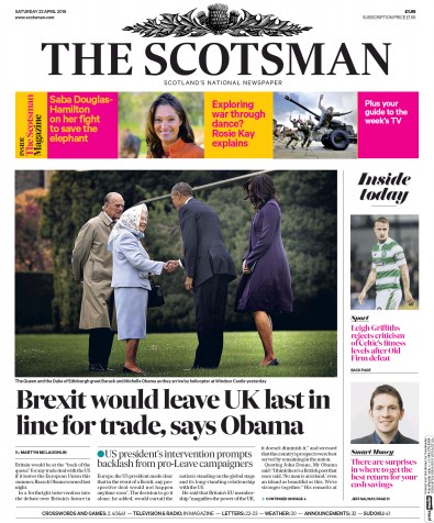 The Scotsman Newspaper Front Page for 23 April 2016