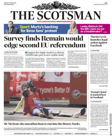The Scotsman (UK) Newspaper Front Page for 23 April 2018