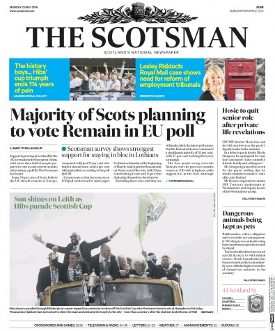 The Scotsman Newspaper Front Page for 23 May 2016