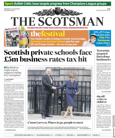 The Scotsman Newspaper Front Page for 23 August 2017
