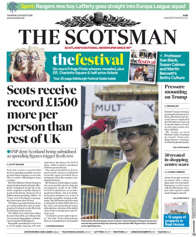 The Scotsman Newspaper Front Page for 23 August 2018