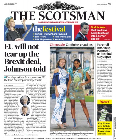 The Scotsman (UK) Newspaper Front Page for 23 August 2019