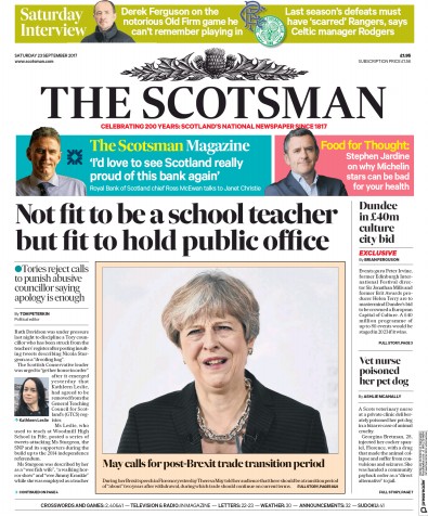 The Scotsman Newspaper Front Page for 23 September 2017