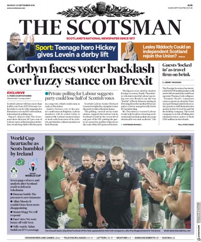 The Scotsman Newspaper Front Page for 23 September 2019