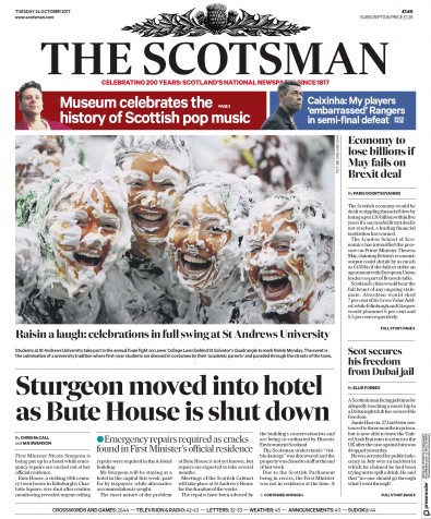 The Scotsman (UK) Newspaper Front Page for 24 October 2017