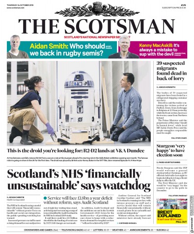The Scotsman Newspaper Front Page for 24 October 2019