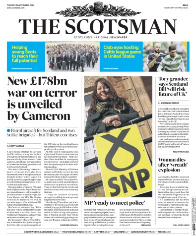 The Scotsman Newspaper Front Page for 24 November 2015