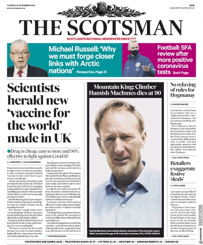 The Scotsman Newspaper Front Page for 24 November 2020