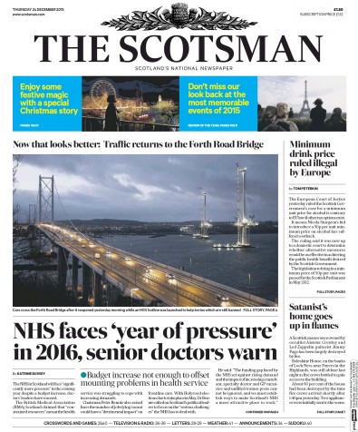 The Scotsman Newspaper Front Page for 24 December 2015