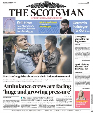The Scotsman (UK) Newspaper Front Page for 24 December 2018