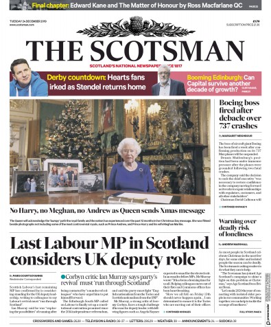 The Scotsman Newspaper Front Page for 24 December 2019